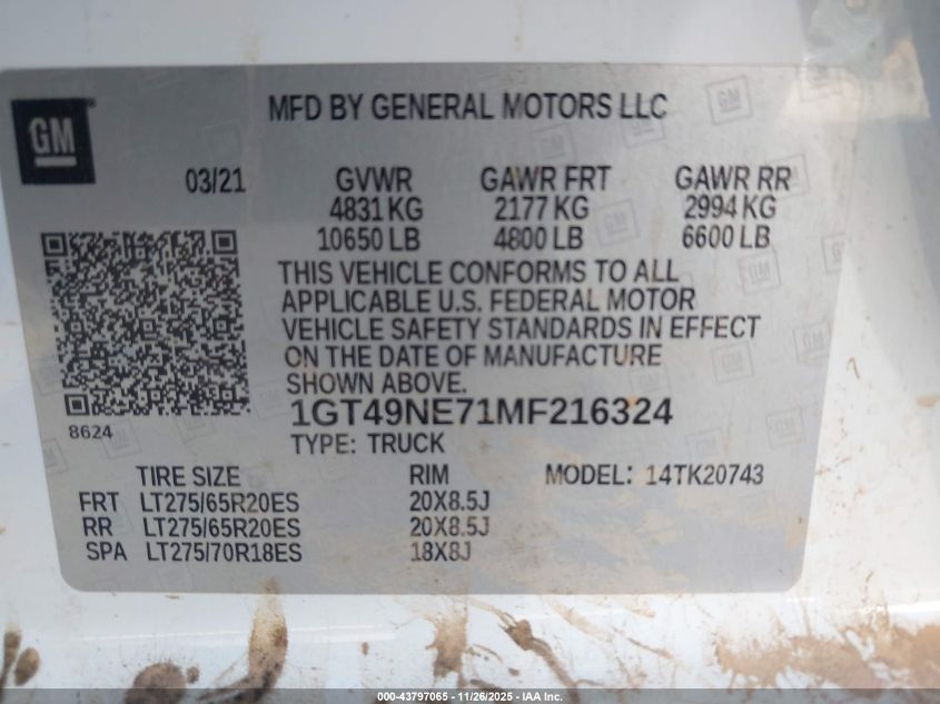 2021 GMC Sierra 2500Hd 4Wd Standard Bed Slt VIN: 1GT49NE71MF216324 Lot: 43797065
