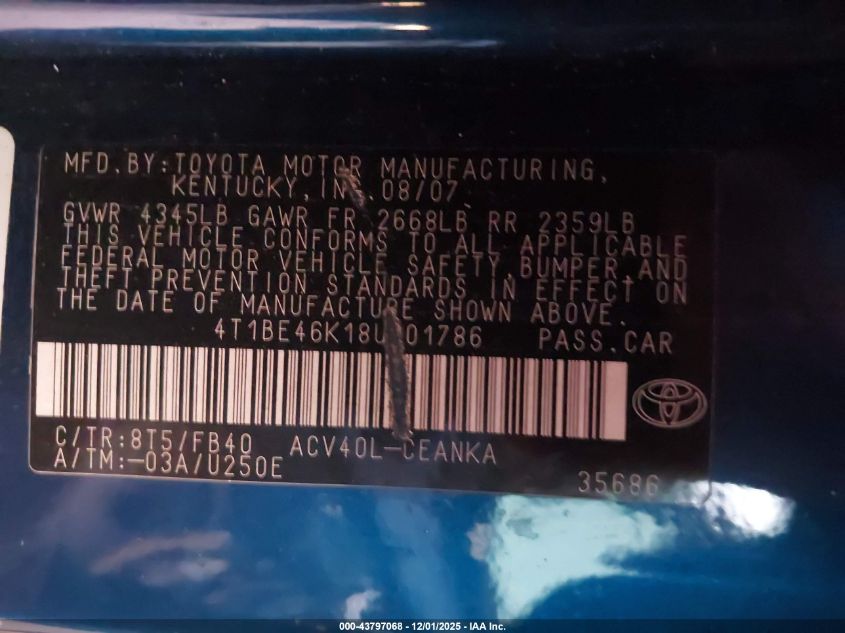 2008 Toyota Camry Le VIN: 4T1BE46K18U201786 Lot: 43797068