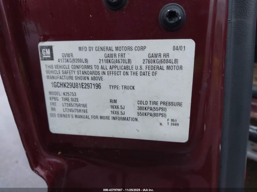 2001 Chevrolet Silverado 2500Hd Ls VIN: 1GCHK29U81E297196 Lot: 43797087