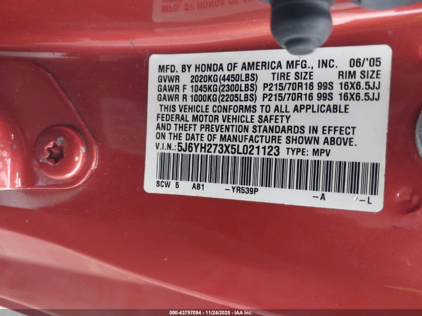 2005 Honda Element Lx VIN: 5J6YH273X5L021123 Lot: 43797094