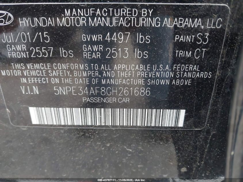 2016 Hyundai Sonata Sport VIN: 5NPE34AF8GH261686 Lot: 43797111