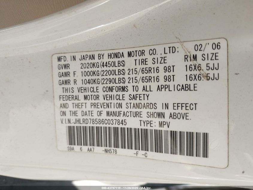 2006 Honda Cr-V Lx VIN: JHLRD78586C037845 Lot: 43797119