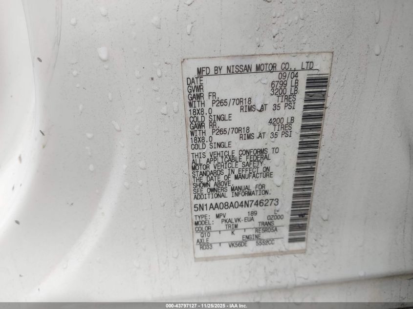 2004 Nissan Pathfinder Armada Le VIN: 5N1AA08A04N746273 Lot: 43797127