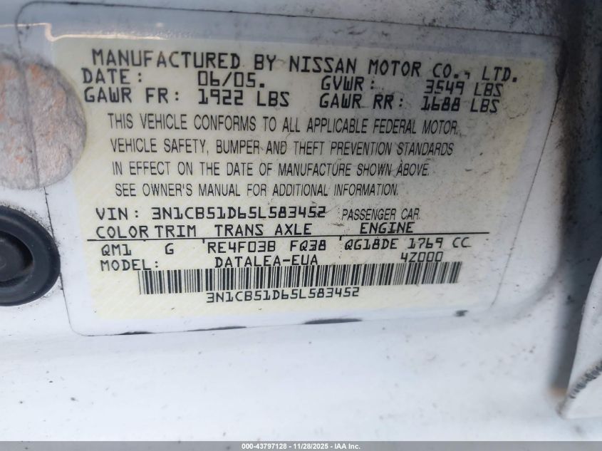 2005 Nissan Sentra 1.8S VIN: 3N1CB51D65L583452 Lot: 43797128