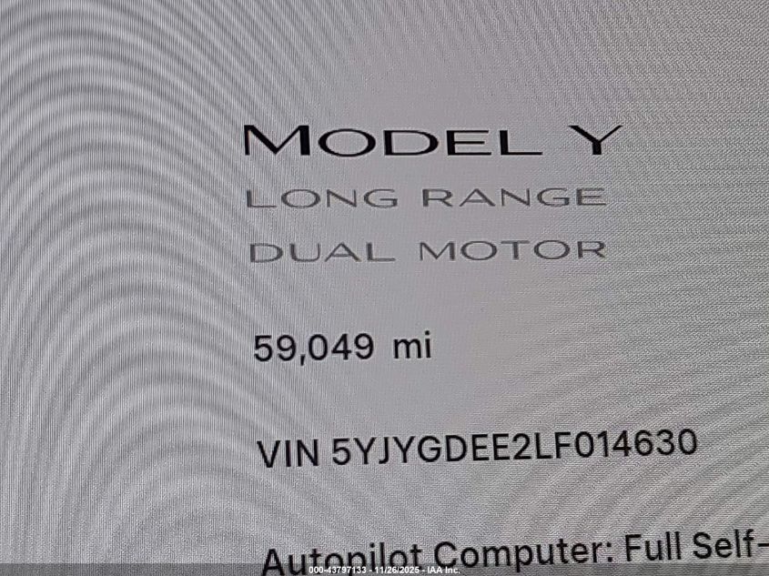 2020 Tesla Model Y Long Range Dual Motor All-Wheel Drive VIN: 5YJYGDEE2LF014630 Lot: 43797133