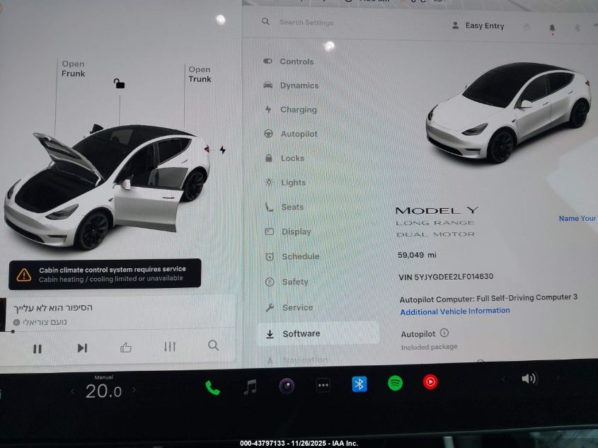 2020 Tesla Model Y Long Range Dual Motor All-Wheel Drive VIN: 5YJYGDEE2LF014630 Lot: 43797133