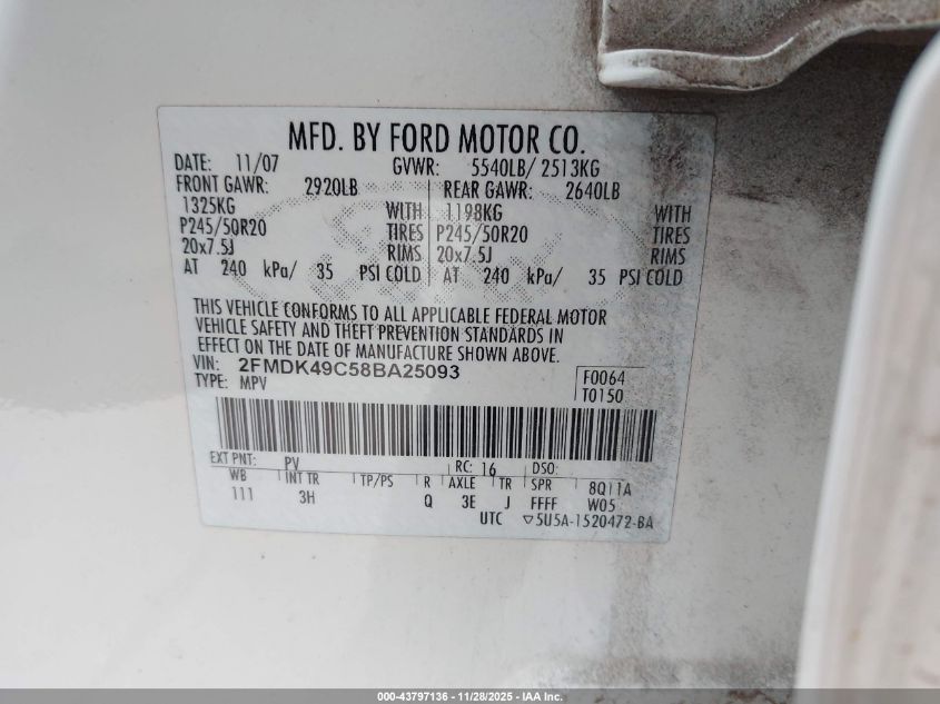 2008 Ford Edge Limited VIN: 2FMDK49C58BA25093 Lot: 43797136