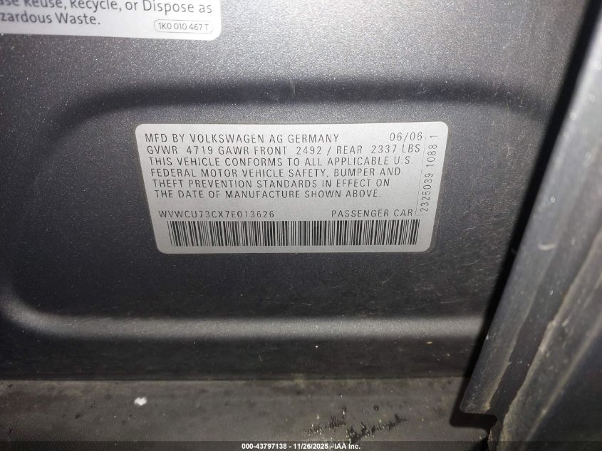 2007 Volkswagen Passat 3.6 VIN: WVWCU73CX7E013626 Lot: 43797138
