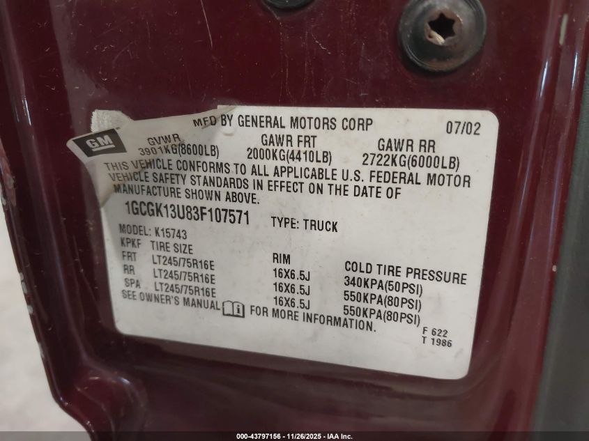 2003 Chevrolet Silverado 1500Hd Ls VIN: 1GCGK13U83F107571 Lot: 43797156