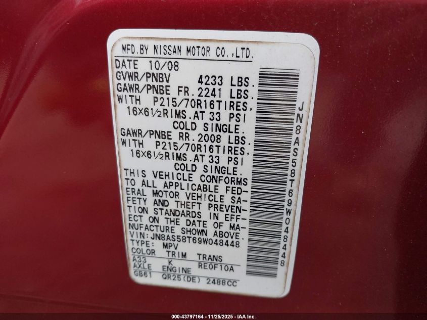 2009 Nissan Rogue S VIN: JN8AS58T69W048448 Lot: 43797164