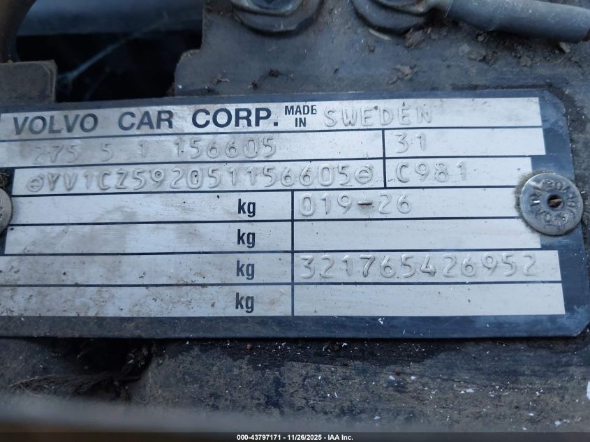 2005 Volvo Xc90 2.5T Awd VIN: YV1CZ592051156605 Lot: 43797171