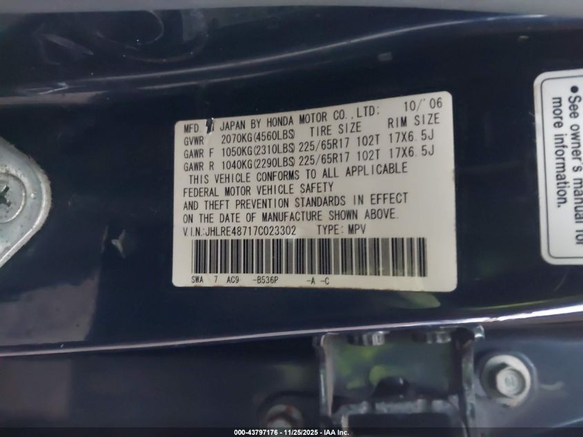 2007 Honda Cr-V Ex-L VIN: JHLRE48717C023302 Lot: 43797176