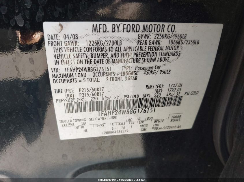 2008 Ford Taurus Sel VIN: 1FAHP24W88G176151 Lot: 43797195