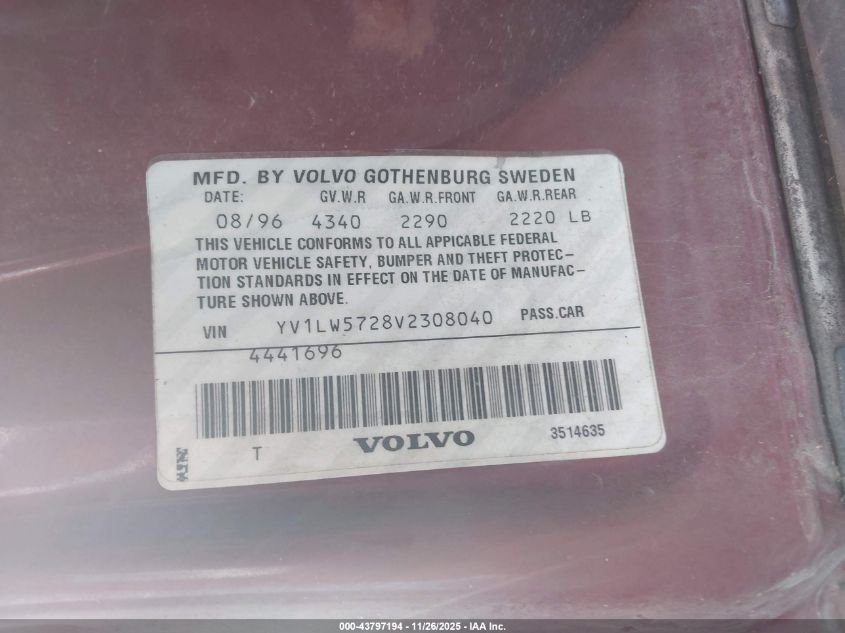 1997 Volvo 850 T5 VIN: YV1LW5728V2308040 Lot: 43797194