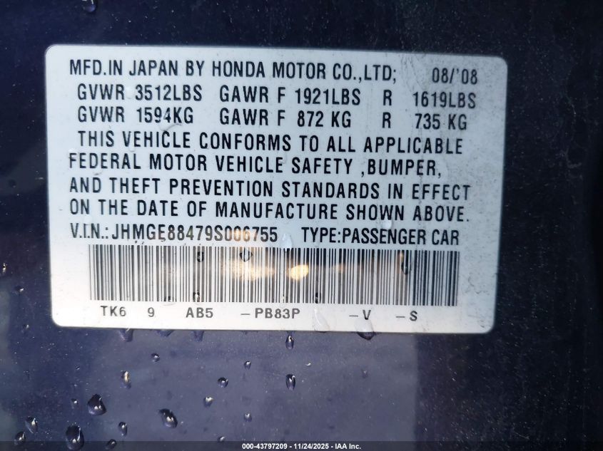 2009 Honda Fit Sport VIN: JHMGE88479S006755 Lot: 43797209
