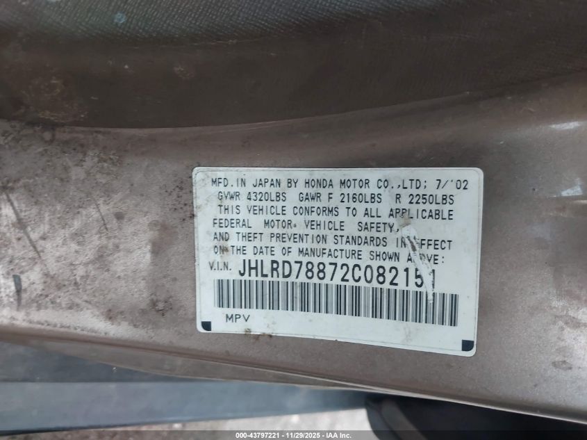 2002 Honda Cr-V Ex VIN: JHLRD78872C082151 Lot: 43797221