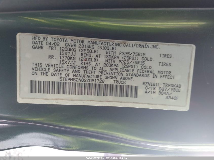 2002 Toyota Tacoma VIN: 5TEPM62N02Z081728 Lot: 43797222