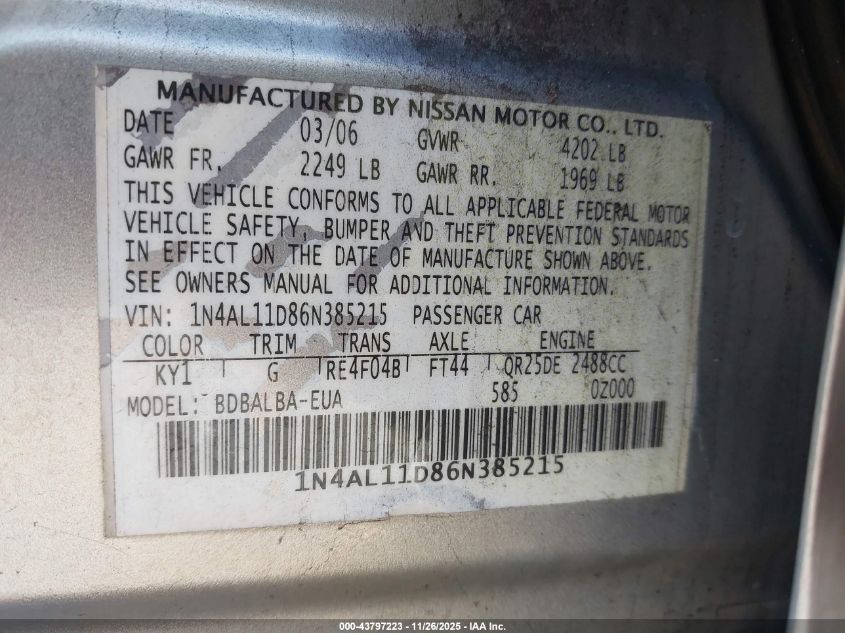 2006 Nissan Altima 2.5 S VIN: 1N4AL11D86N385215 Lot: 43797223