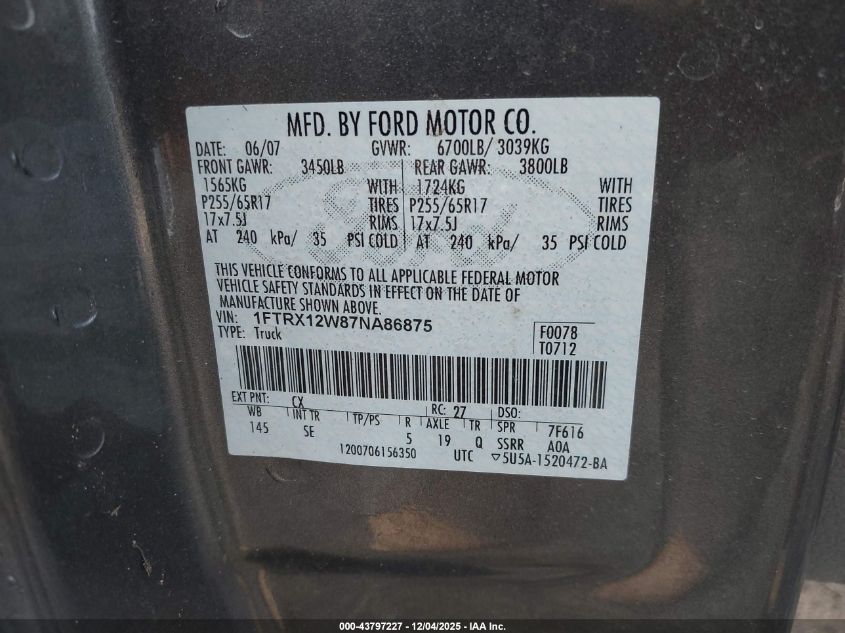 2007 Ford F-150 Stx/Xl/Xlt VIN: 1FTRX12W87NA86875 Lot: 43797227