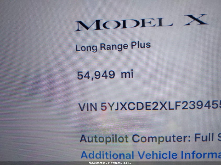 2020 Tesla Model X Long Range Dual Motor All-Wheel Drive/Long Range Plus Dual Motor All-Wheel Drive VIN: 5YJXCDE2XLF239455 Lot: 43797231