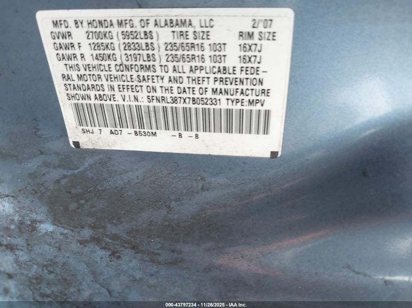 2007 Honda Odyssey Ex-L VIN: 5FNRL387X7B052331 Lot: 43797234