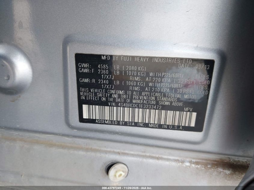 2014 Subaru Outback 2.5I Premium VIN: 4S4BRCDC1E3233472 Lot: 43797249