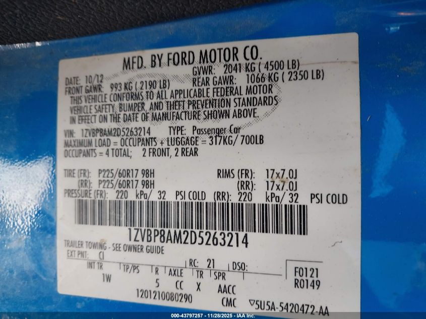 2013 Ford Mustang V6 VIN: 1ZVBP8AM2D5263214 Lot: 43797257