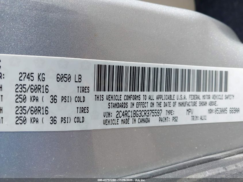 2012 Chrysler Town & Country Touring VIN: 2C4RC1BG3CR375597 Lot: 43797258