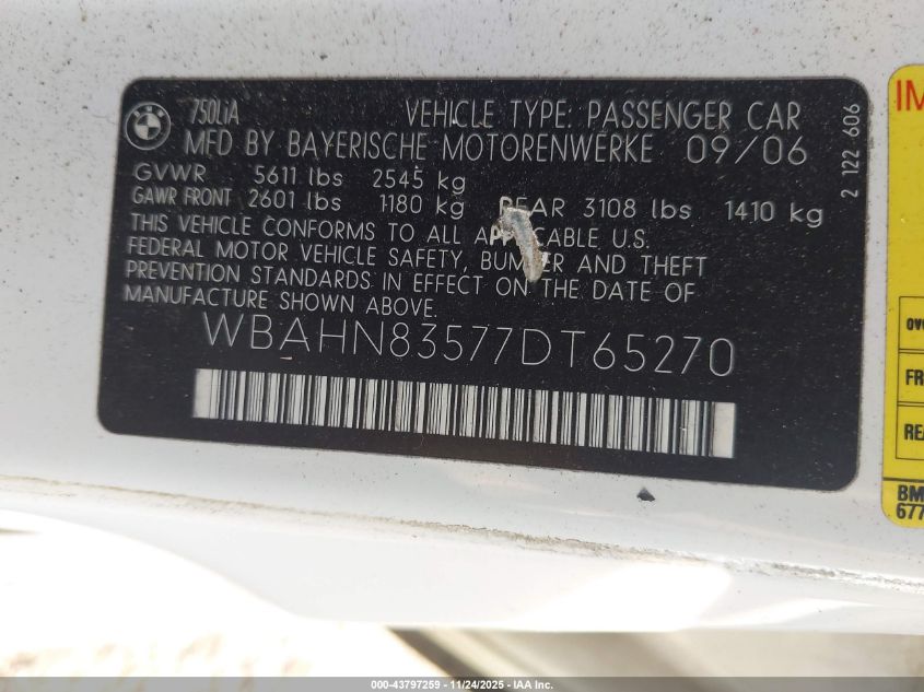 2007 BMW 750Li VIN: WBAHN83577DT65270 Lot: 43797259