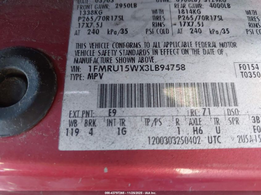 2003 Ford Expedition Xlt VIN: 1FMRU15WX3LB94758 Lot: 43797265