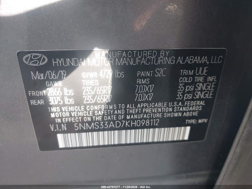 2019 Hyundai Santa Fe Sel VIN: 5NMS33AD7KH098112 Lot: 43797277