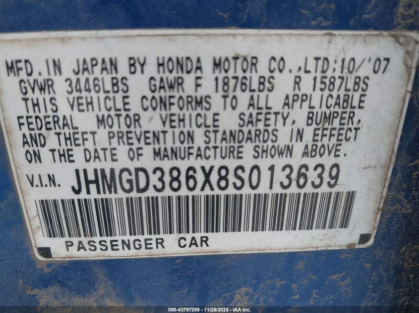 2008 Honda Fit Sport VIN: JHMGD386X8S013639 Lot: 43797298