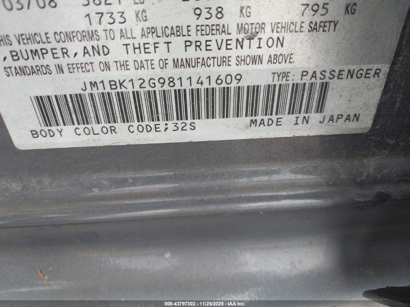 2008 Mazda Mazda3 I Sport VIN: JM1BK12G981141609 Lot: 43797302