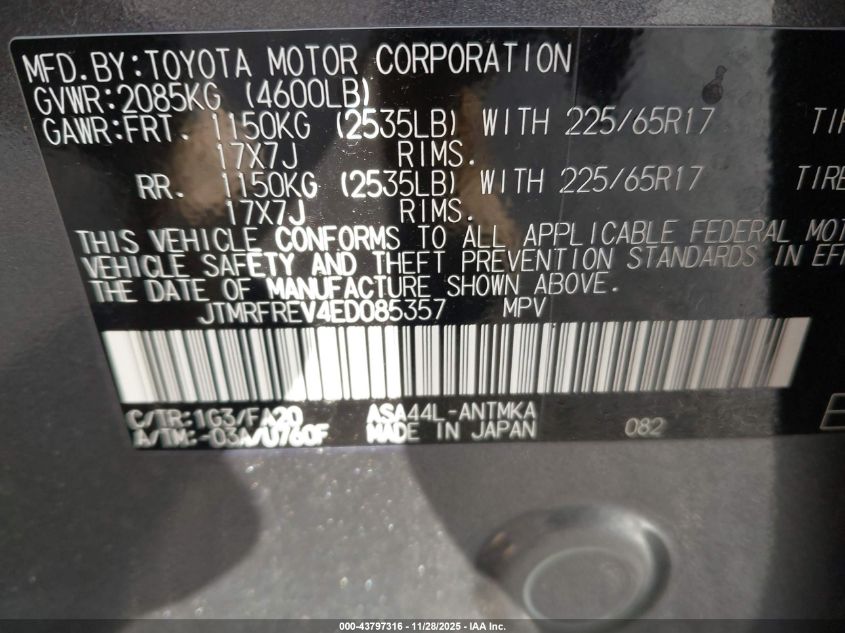 2014 Toyota Rav4 Xle VIN: JTMRFREV4ED085357 Lot: 43797316