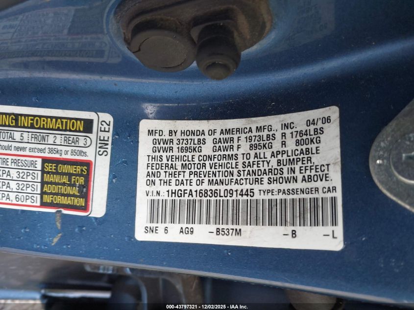 2006 Honda Civic Ex VIN: 1HGFA16836L091445 Lot: 43797321