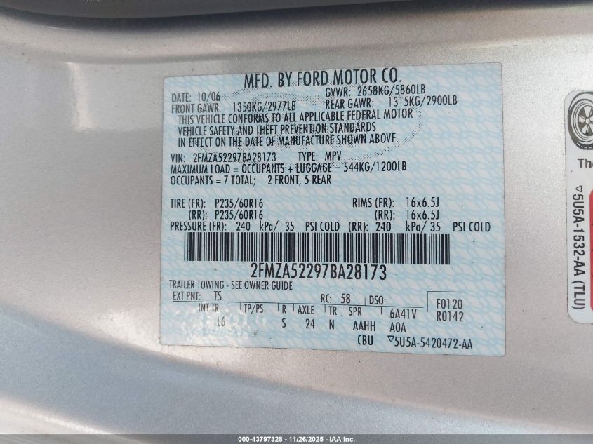 2007 Ford Freestar Sel VIN: 2FMZA52297BA28173 Lot: 43797328