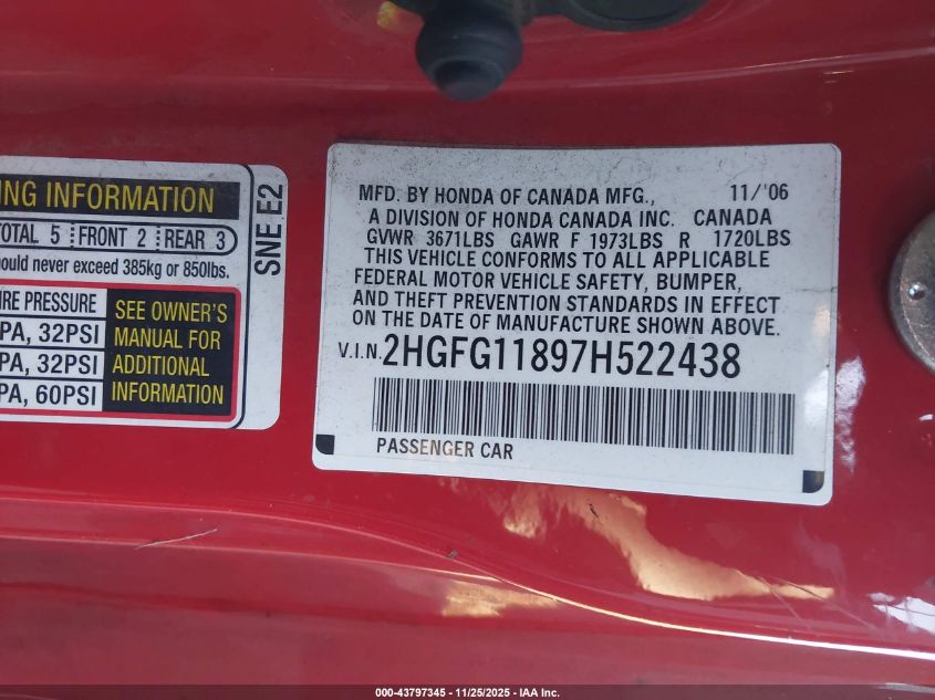 2007 Honda Civic Ex VIN: 2HGFG11897H522438 Lot: 43797345