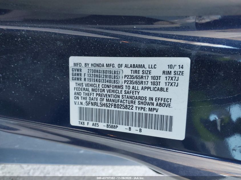 2015 Honda Odyssey Ex-L VIN: 5FNRL5H62FB025822 Lot: 43797352