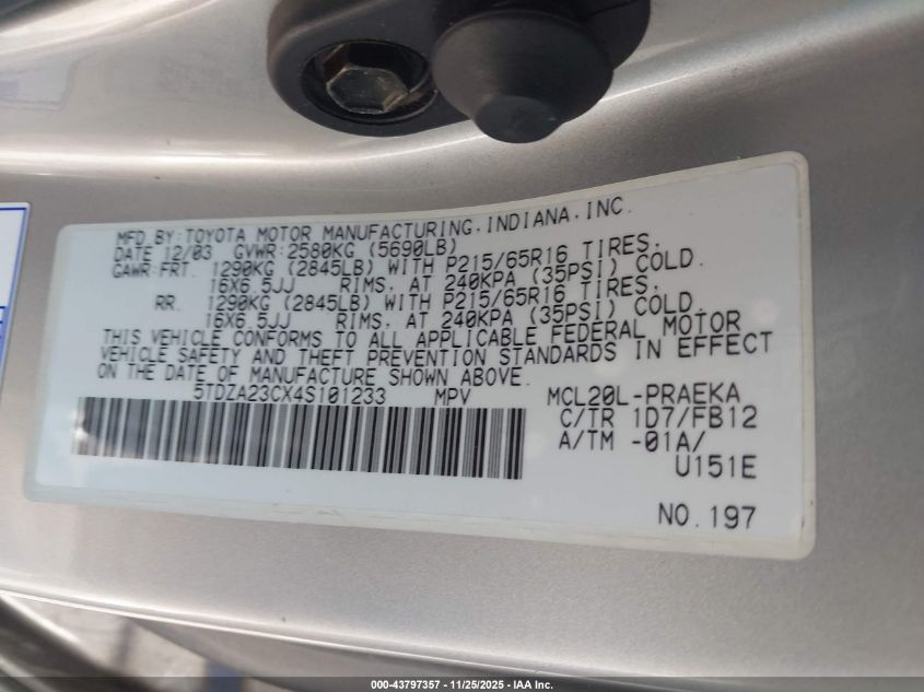 2004 Toyota Sienna Le VIN: 5TDZA23CX4S101233 Lot: 43797357