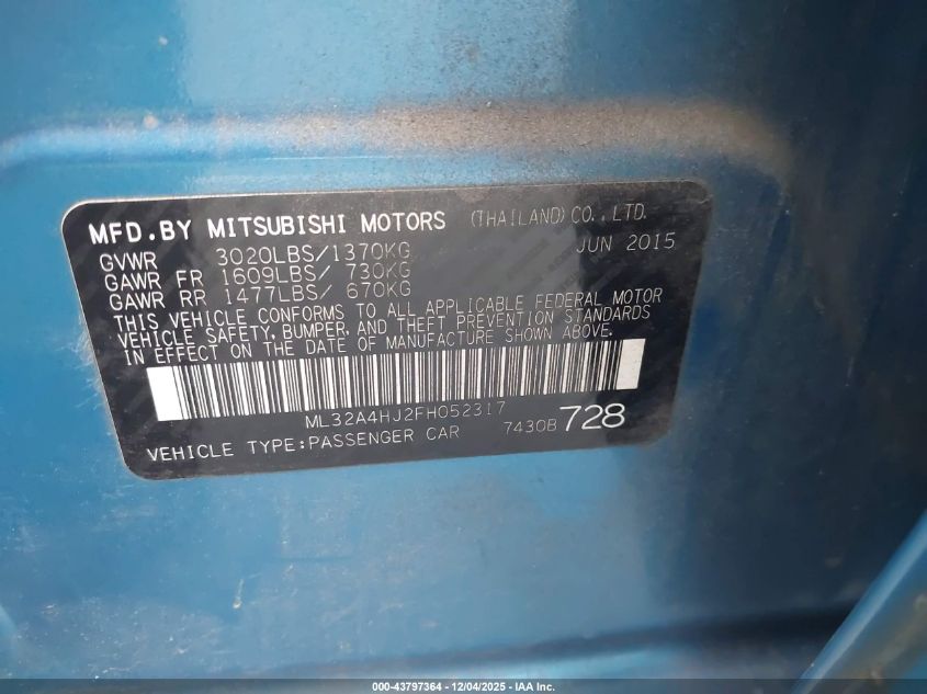 2015 Mitsubishi Mirage Es VIN: ML32A4HJ2FH052317 Lot: 43797364