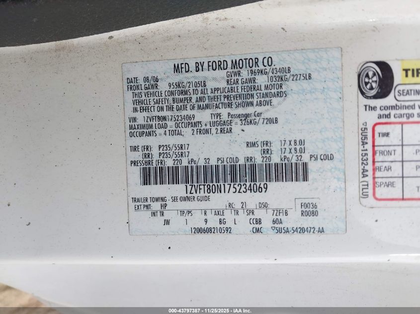 2007 Ford Mustang V6 Deluxe/V6 Premium VIN: 1ZVFT80N175234069 Lot: 43797387