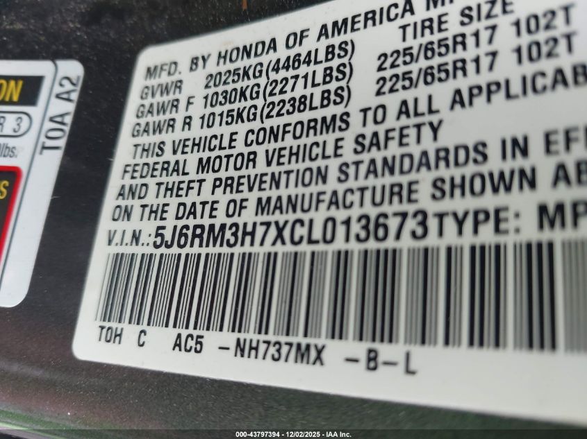 2012 Honda Cr-V Ex-L VIN: 5J6RM3H7XCL013673 Lot: 43797394
