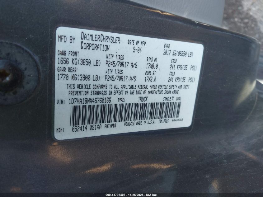 2004 Dodge Ram 1500 St VIN: 1D7HA18NX4S760166 Lot: 43797407