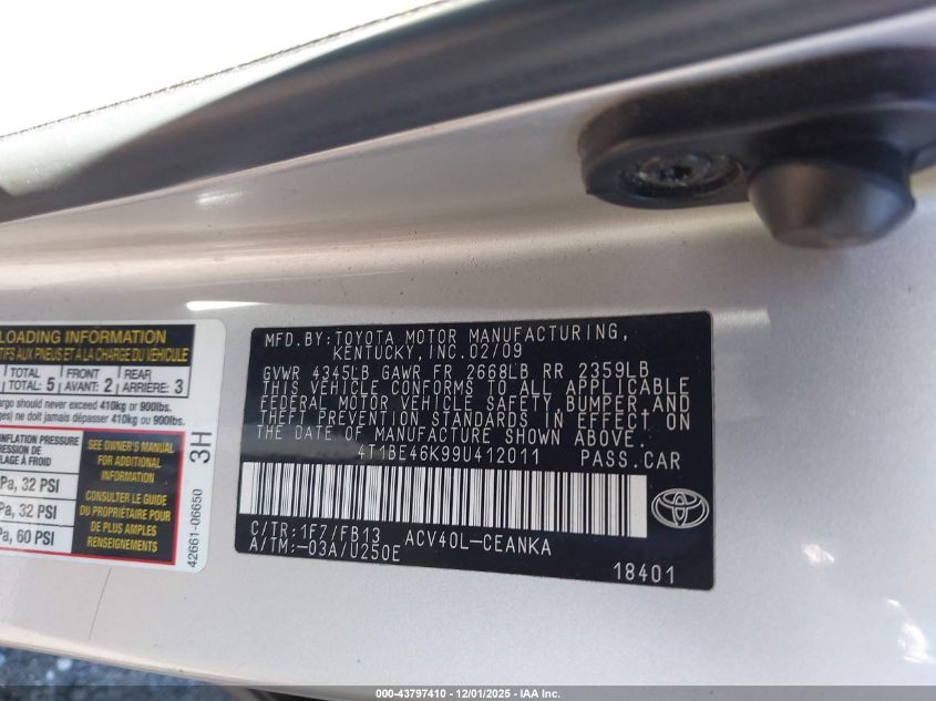 2009 Toyota Camry Le VIN: 4T1BE46K99U412011 Lot: 43797410