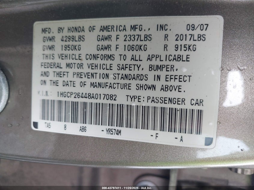 1HGCP26448A017082 2008 HONDA ACCORD photo no. 9