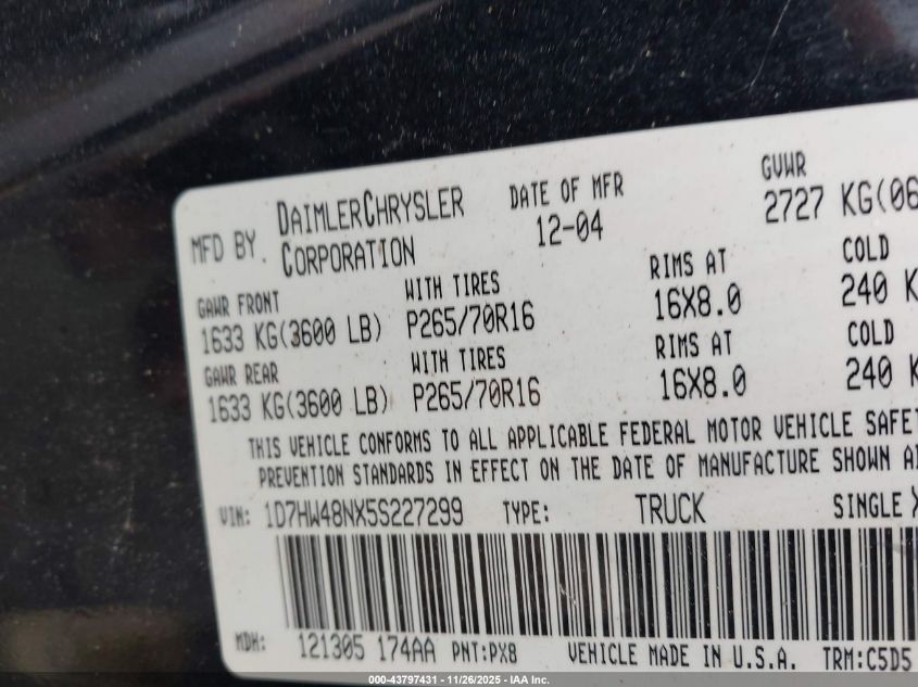 2005 Dodge Dakota Slt VIN: 1D7HW48NX5S227299 Lot: 43797431