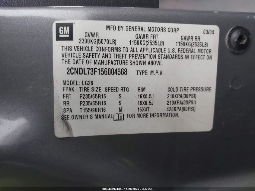 2005 Chevrolet Equinox Lt VIN: 2CNDL73F156004568 Lot: 43797435