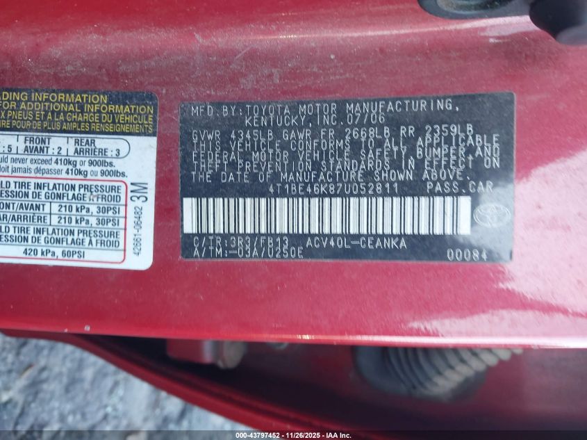 2007 Toyota Camry Le VIN: 4T1BE46K87U052811 Lot: 43797452