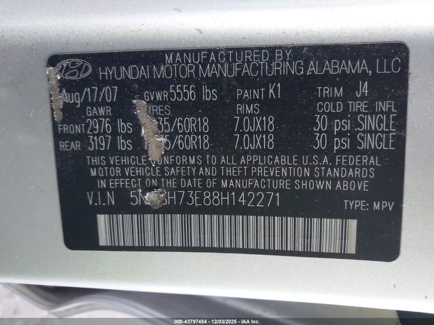 2008 Hyundai Santa Fe Limited/Se VIN: 5NMSH73E88H142271 Lot: 43797454