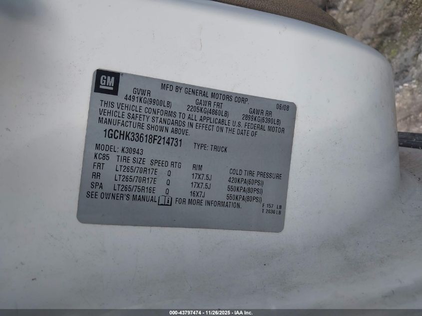 2008 Chevrolet Silverado 3500Hd Lt2 VIN: 1GCHK33618F214731 Lot: 43797474